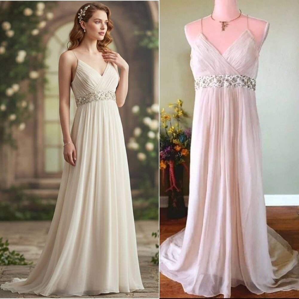 Carabella VTG 90s Ivory Silk Gold Beaded Slip Wedding Gown SZ 10 Empire Waist